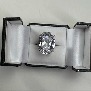 Large Oval CZ Cocktail Ring Silver Tone Statement Ring Size 8